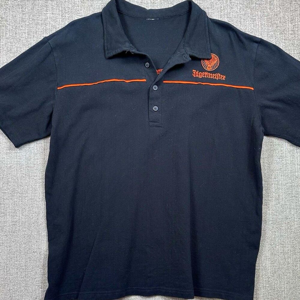 Jagermeister Men's Black Polo Short Sleeve Shirt Pique Embroidered Logo Orange